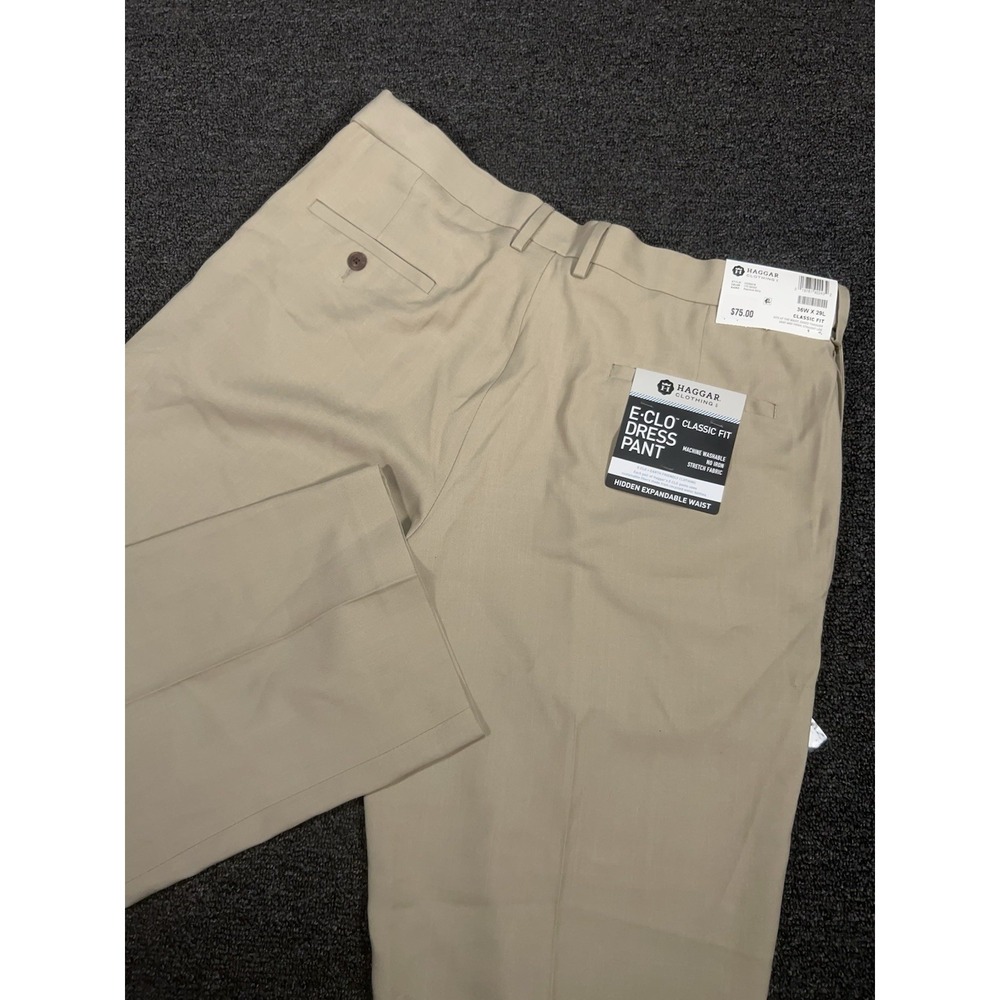 New Haggar Pants Men 36x29 Beige Classic Fit Eclo No Iron Stretch Hidden Waist